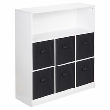 Wooden White Wide 7 Cubed Cupboard Storage Unit Shelves 6 Black Drawers Baskets
