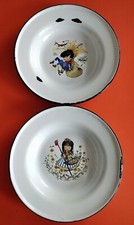 2 Vintage Retro 60s Falcon Tin Enamel Bowls Nursery Rhymes Side Plates Contrary