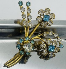 Vintage 1950s Aqua Blue and Clear Rhinestone Flower Bouquet Posy Floral Brooch