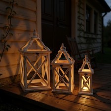 Set of 3 Tall Antiqued Style Washed Wood and Glass Garden Lantern Indoor Outdoor