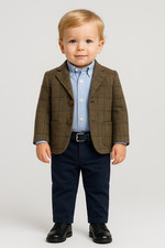 Kids Herringbone Tweed 4pc Wool Suit Brown Navy Blue Checkered Check Boys Suit