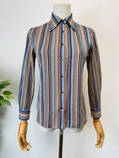 Vintage 70s Beige Brown Blue Pinstripe Dagger Collar Shirt 8