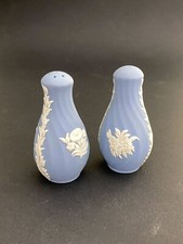 Wedgwood Blue Jasperware Fluted Floral Salt & Pepper Cruet Set - Rare!