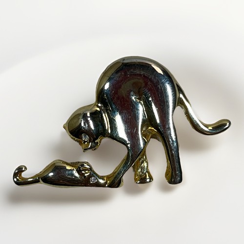 Cat mouse brooch gold tone - cat,