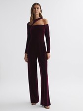 REISS Adele Velvet Off-The-Shoulder Jumpsuit in Berry UK Size 10