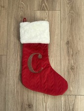 Matalan Red Velvet Feel Fur Trim Beaded Christmas Stocking Letter Initial C On