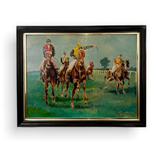 Vintage British Oil Painting, Horse Racing, Race Horses, Mid Century.
