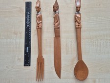Vintage 1950's African Tribal Themed Hand Carved Fork, Spoon and Knife Set