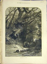 Original Old Antique Print 1877 Church Forest-Path Snowball Child Trees 19th