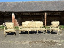 Antique French Louis XVI Giltwood Aubusson Parlour Salon Sofa & Armchair Suite