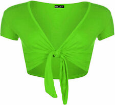 New Womens Plain Cap Short Sleeve Tie Up Front Bolero Shrug Crop Top