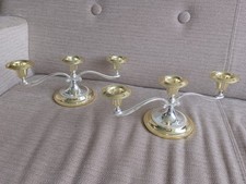 PAIR OF ENGLISH SILVER PLATE ON ZINC TWO TONE SILVER GOLD 3 BRANCH CANDELABRA