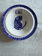 Vintage Burleigh Calico Cat Pottery Bowl Cat Design Blue & White.