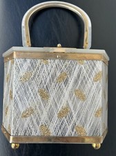 VINTAGE 1950s LUCITE CASKET BAG WITH SPLASHES OF GLITTER & NETTED YARN DETAIL