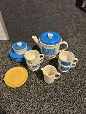 Vintage Gowi Plastic Tea Set Cup Saucer Teapot Jug Blue White Teddy Design