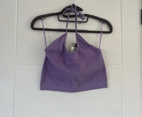 Purple halter neck crop top - neck,