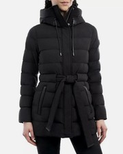 Michael Kors Womens Quilted Belted Hooded Puffer Coat Jacket XS Black