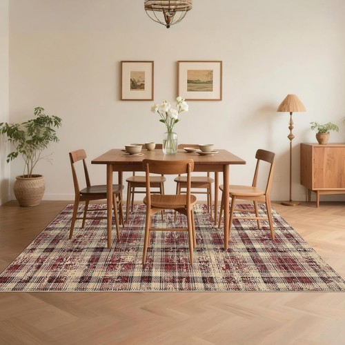 Modern red plaid washable rug - plaid,