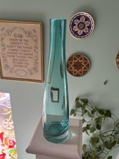 Aqua Blue Teal Glass Blenko Style Slightly Wonky Vase Thick Glass MCM UV 365