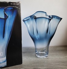 Beautiful Large Blue Handkerchief Polish Art Glass Vase Vintage Handblown Boxed
