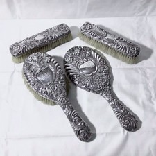 1902 Solid English Silver 4 Piece Dressing Table Set By Colen Hewer Cheshire