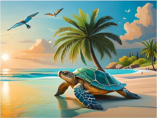 Tile mural turtle beach - tile, palm