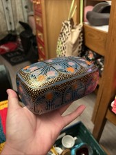 Vintage Kashmir Hand Painted Turquoise and Gold Paper Mache Jewellery Box