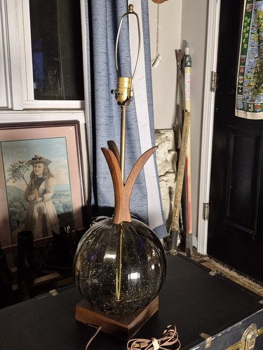 Vintage smoke orb glass - smoke, glass/teak