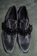 Shellys London Grey Velvet Loafers Shoes Flats 4.5 Studded Monk Strap Slip on 
