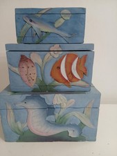 ADORABLE HANDMADE Ocean Themed Set Of 3 Nesting Boxes Bathroom Nursery Unique 