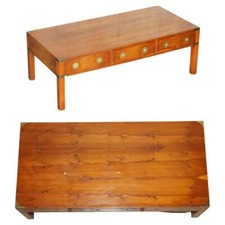 BRADLEY FURNITURE BURR YEW WOOD BRASS MILITARY CAMPAIGN 3 DRAWER COFFEE TABLE