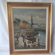 Conpenhagen Harbour 1950 by Danish Artist  Ingolf Due Large Frame Stunning Piece