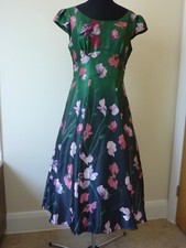VINTAGE SHIMMERING SILK LAURA ASHLEY GREEN SWEET PEA 1950's STYLE DRESS UK 10