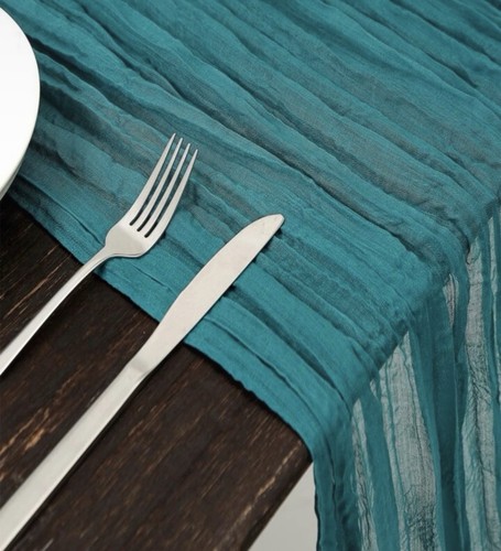 Teal crinkled fabric table - crinkled,