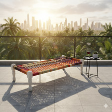 Colorful Woven Charpai Outdoor Daybed White Wood Legs Boho Patio Bench Furniture