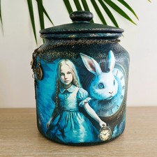 Biscuit Cookie Jar Alice in Wonderland White Rabbit in Clock Glass Vintage Gift