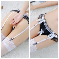Luxury Ruffle Lace Floral G-String Garter Panty With Massaging Pearl & Stocking