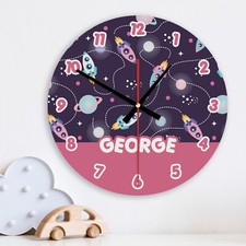 Personalised Wall Clock ROCKET Glass & Wooden Boys Girls Bedroom Nursery Decor