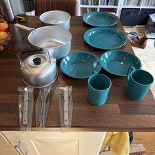 Caravan Camping Picnic Dinnerware, Plates, Bowls Cups, Cutlery, Pans, Kettle