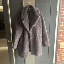 NEWLOOK Teddy Coat UK14 Grey Mid-Length Collared Popper Closure Pre-Owned