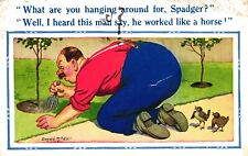 Comic Postcard 1946 Donald McGill Gardener Man Works Horse Sparrow Bottom Manure