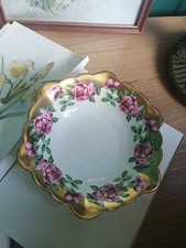 Vintage Salisbury English Bone China Bon Bon Dish Heavy Gold Gilt Cabbage Roses 