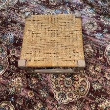 Lovely Small Vintage Woven Wicker  painted Wood Stool Wooden Footstool  Antique