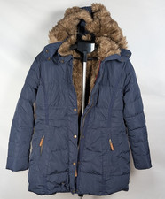 Duck Down Filled Womens Parka Coat Navy Size XL Removable Faux Fur Hood - NEW