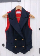 BESPOKE KAREN CLARKE WOMENS NAVY & RED WOOL & SATIN WAISTCOAT - MADE IN UK -UK S