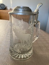 Vintage Stag Etched Glass Beer Stein / Tankard With 95% Zinn Pewter Lid 1 Pint