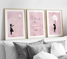 Set of 3 Banksy Heart Balloon Girl Wall Art Posters Quote Prints Pictures Pink
