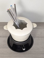 White Fondue Set Cast Iron Pot Includes 6 Forks Fuel Burner Chocolate Cheese