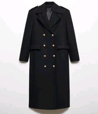 Ladies Mango Long Virgin Italian Wool Coat Navy Blue Double Breasted Long 