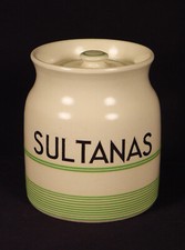 RARE GREEN BANDED SULTANAS JAR with LID KLEEN KITCHEN WARE STAFFORDSHIRE MINT